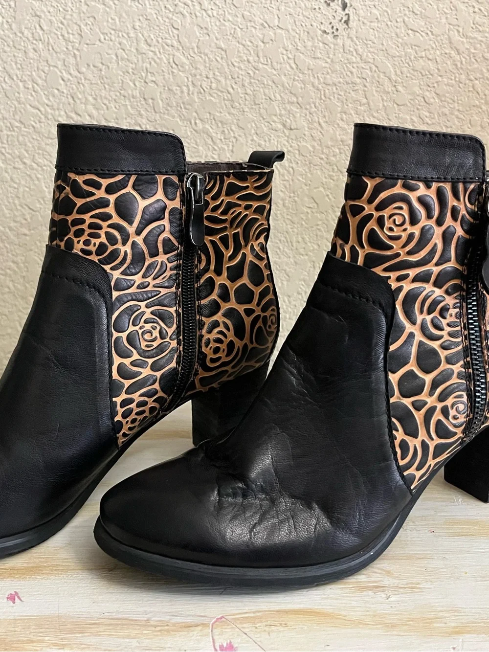Women's Black Ankle Boots with Tan Floral Cutout Panels